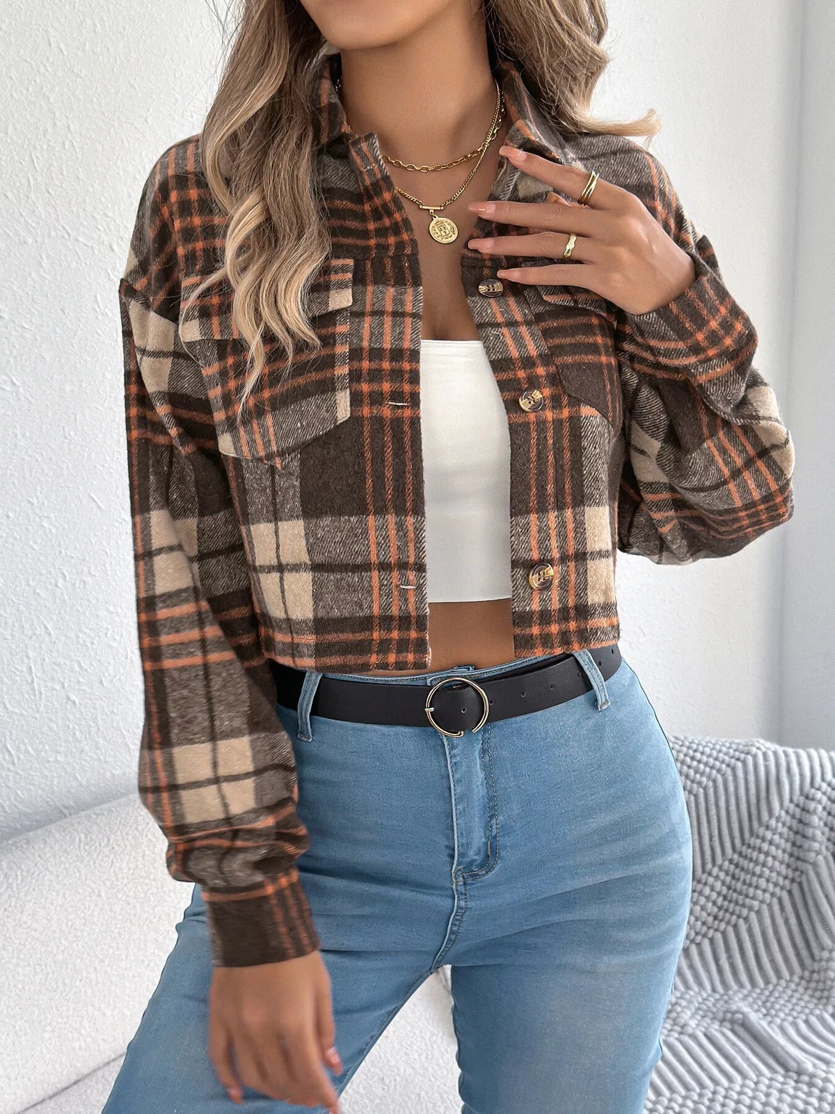 Plaid Button-Up Cropped Jacket by Clise