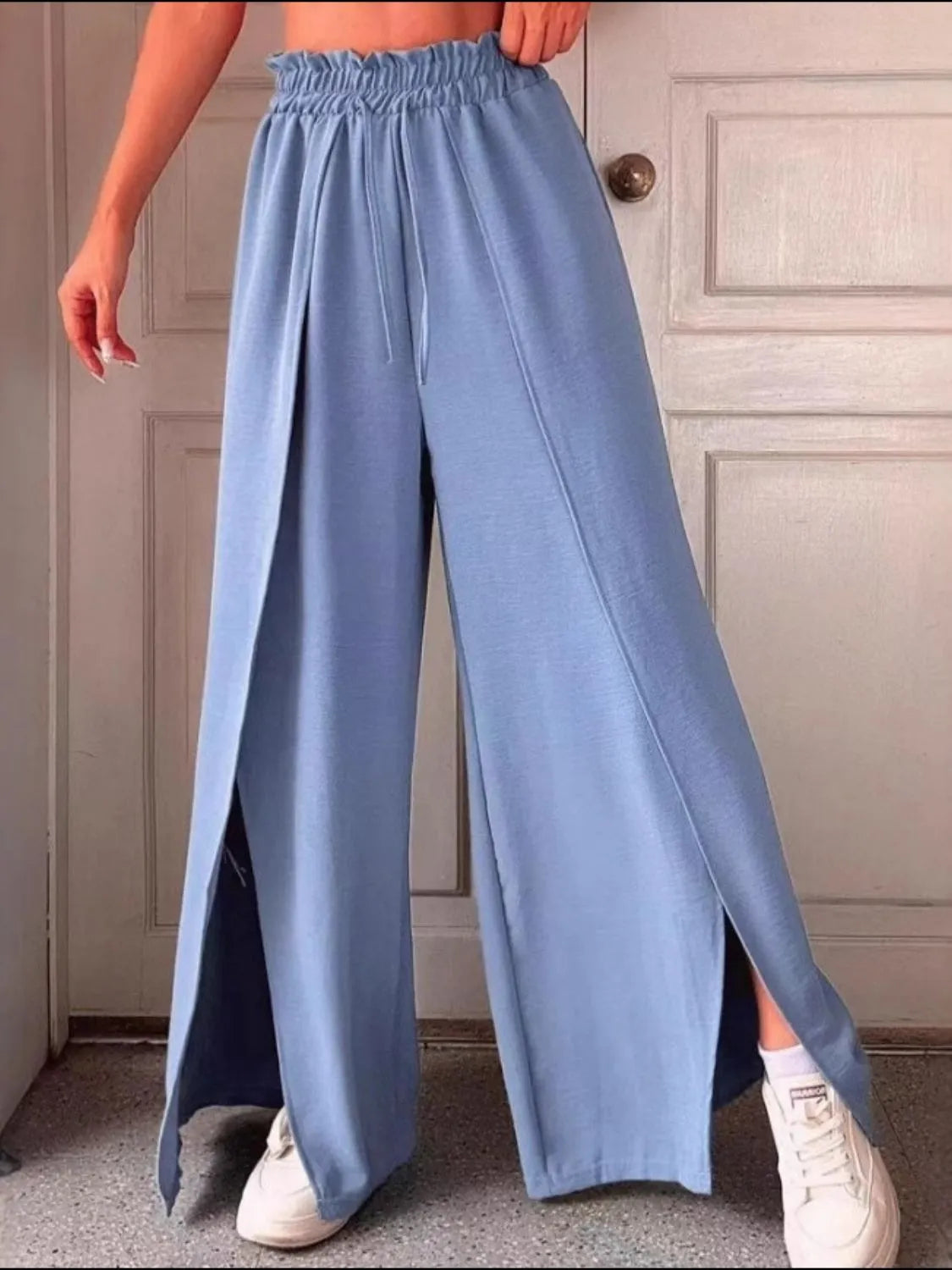 Frilled Slit Wide-Leg Pants