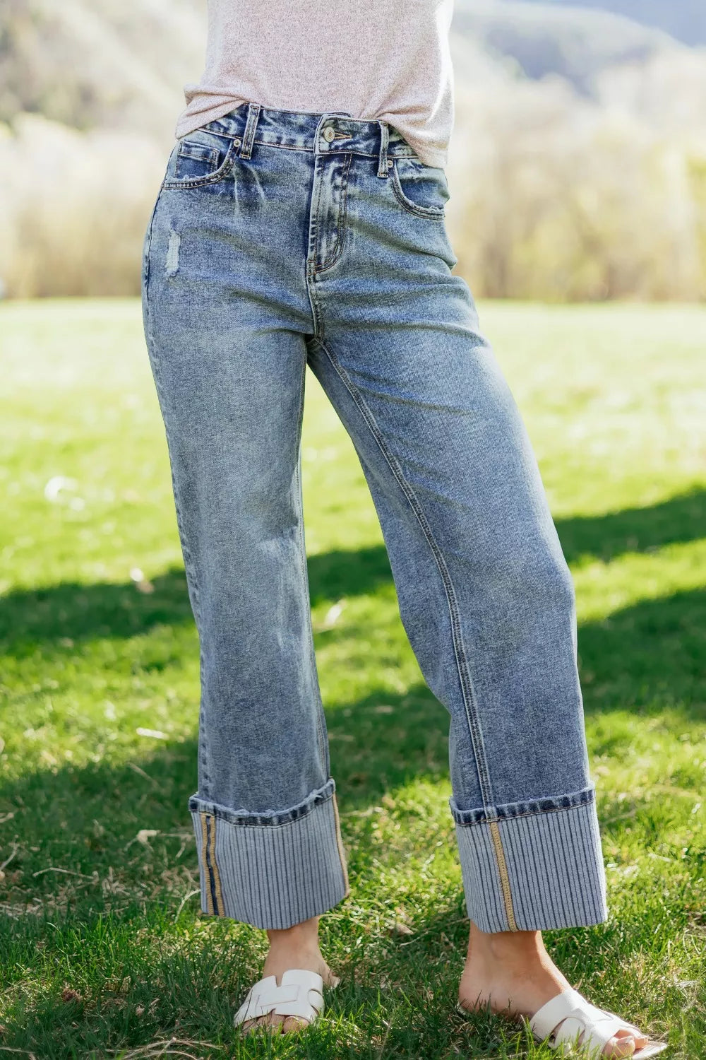 Cuffed Straight-Leg Distressed Jeans in Medium Wash