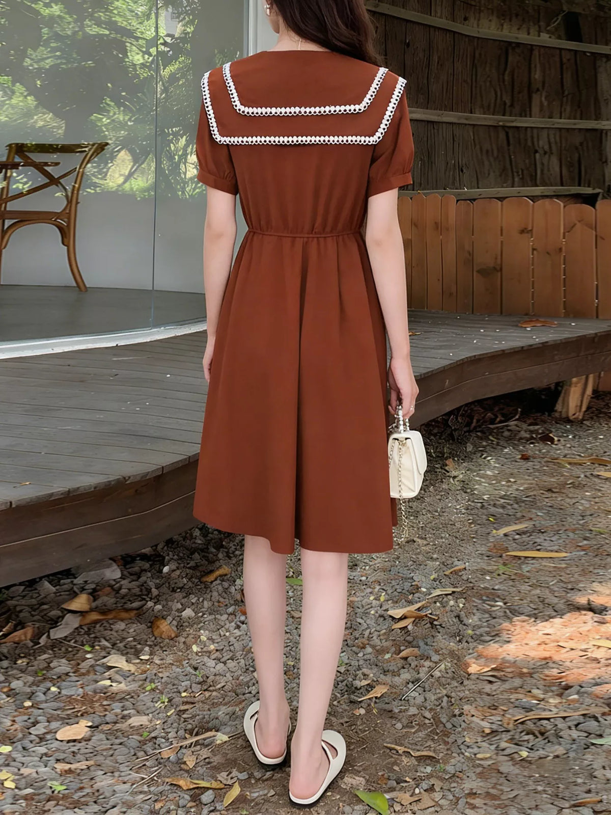 Sailor Collar Pleated Dress in Orange Red