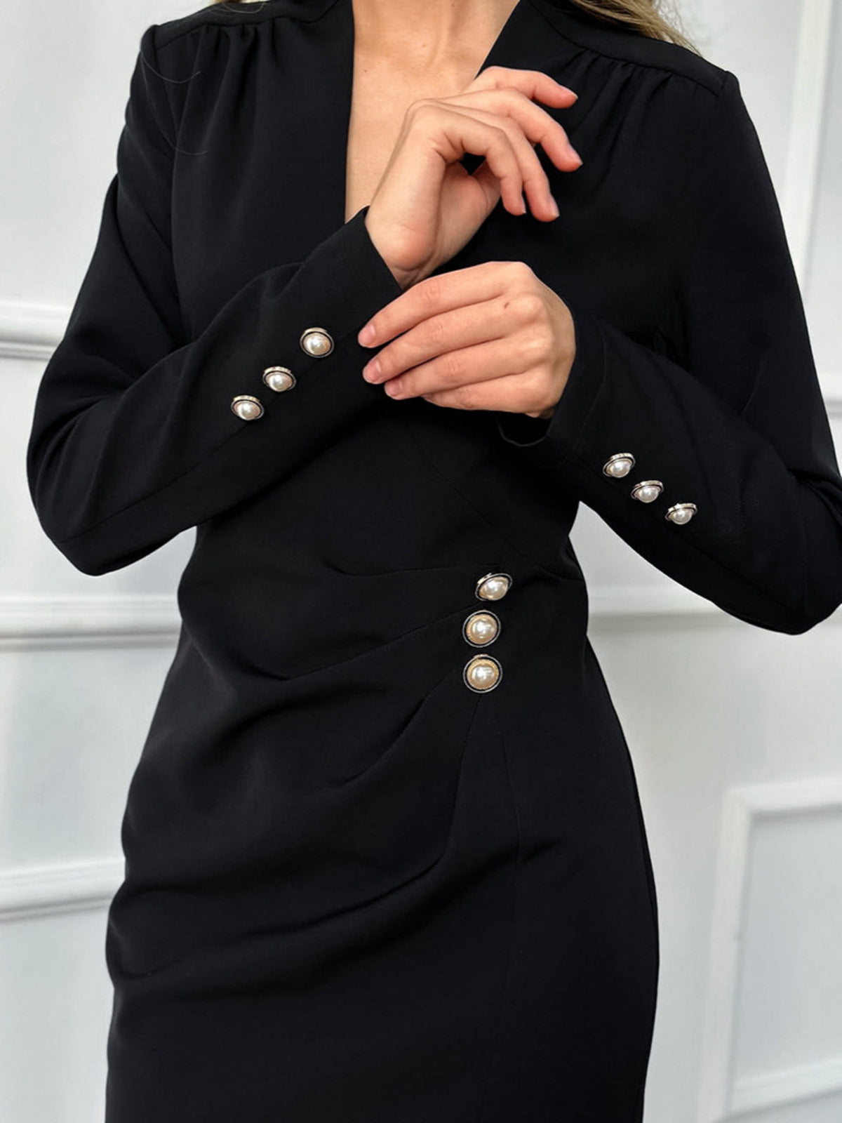 Ruched Surplice Long Sleeve Dress in Black