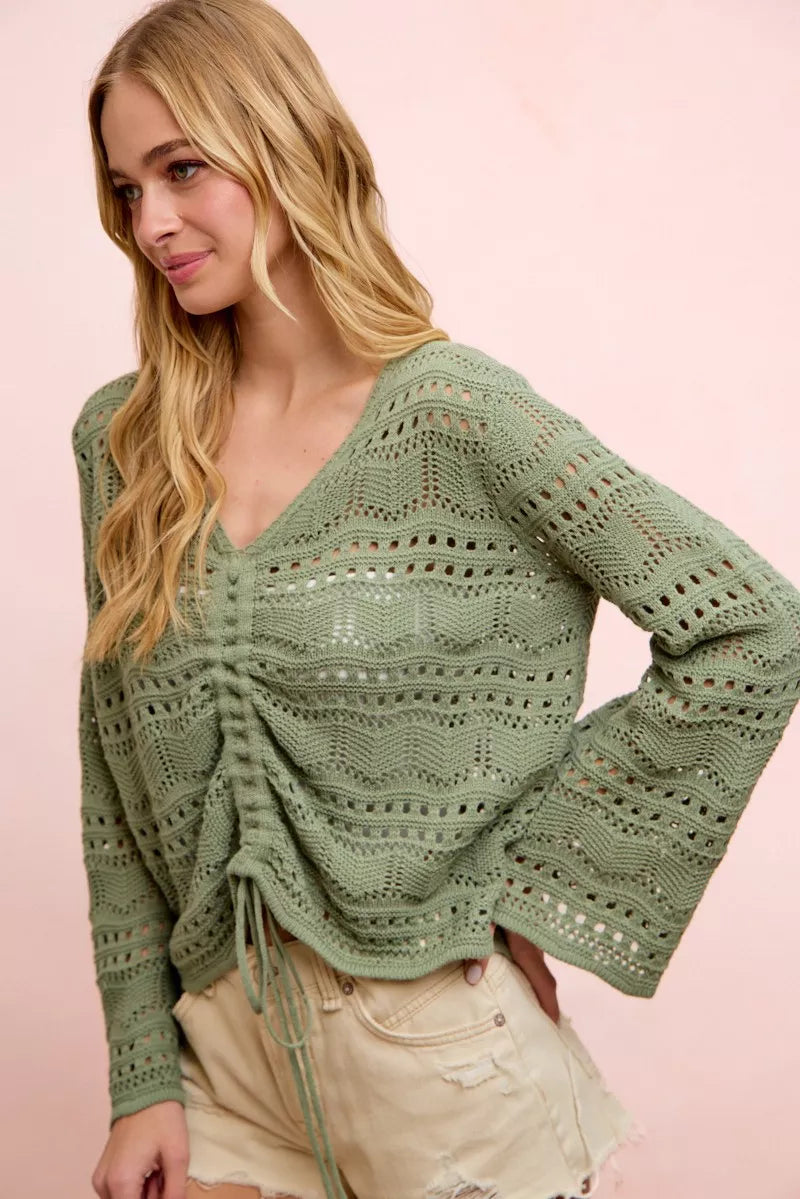 Pointelle V-Neck Ruched Top in Sage Green by BiBi