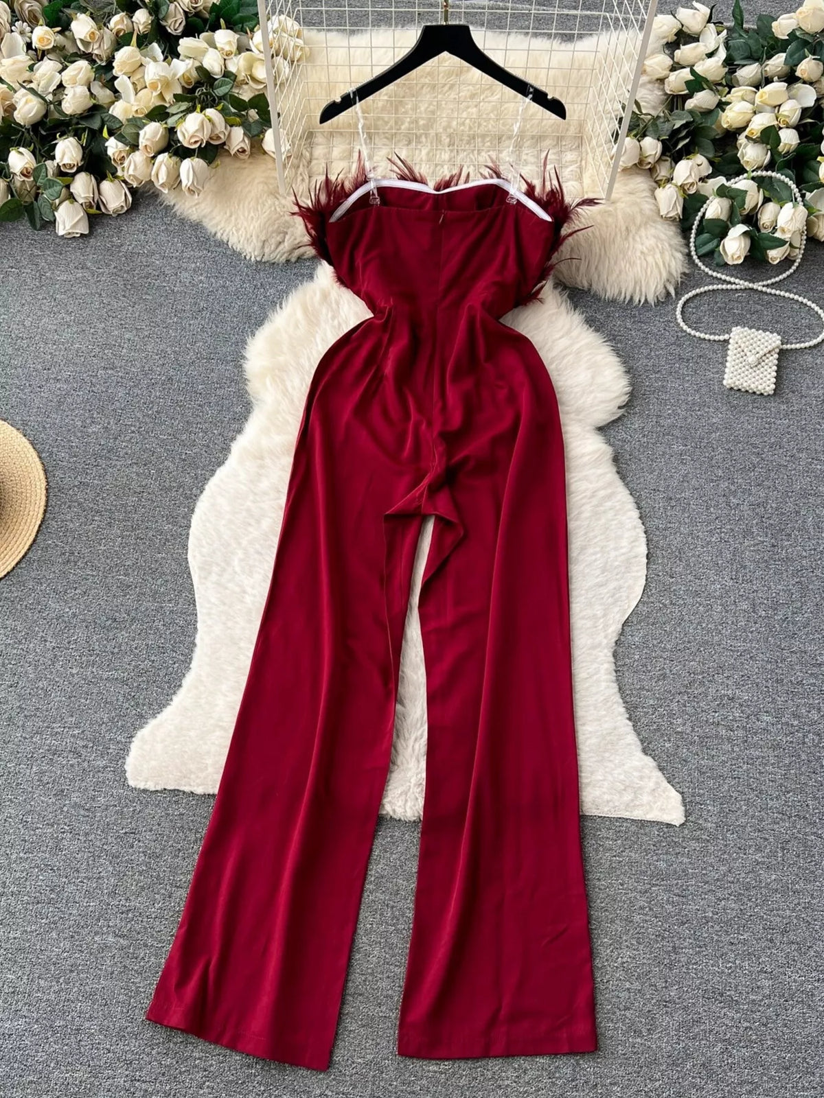 Feather-Trim Strapless Wide Leg Jumpsuit