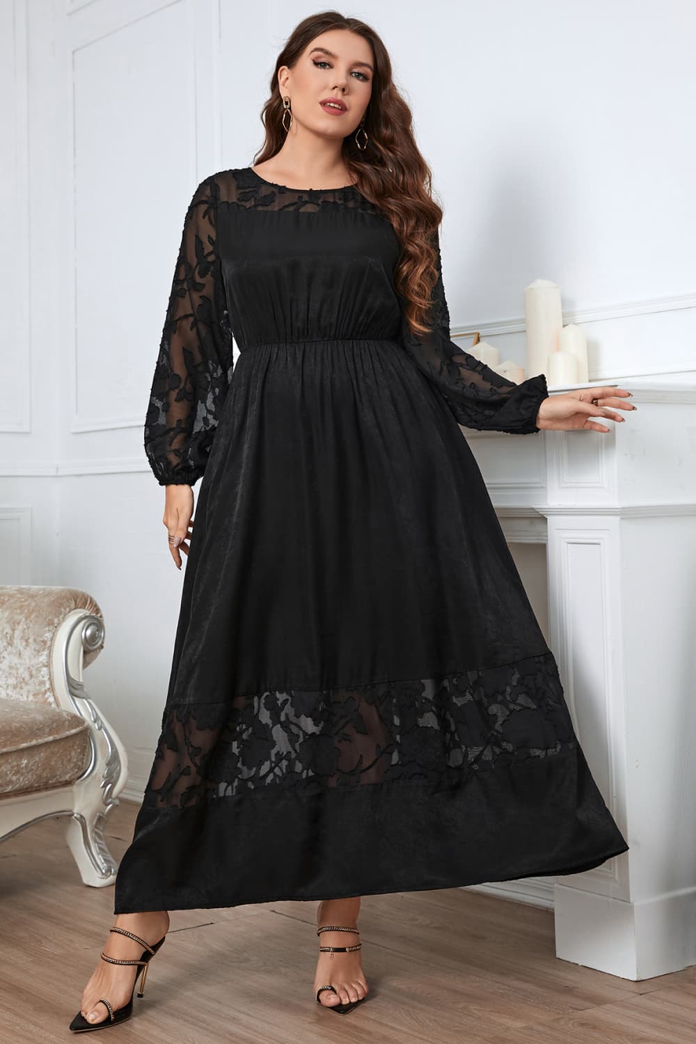 Embroidered Round Neck Long Sleeve Maxi Dress in Black