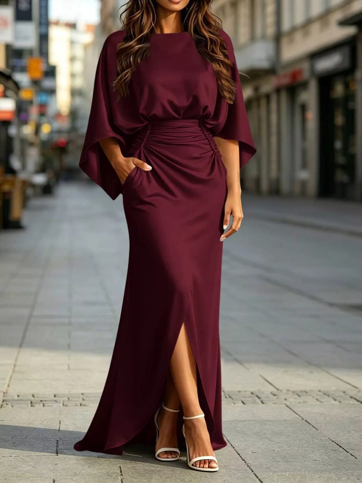 Zip-Back Ruched Waist Maxi Dress