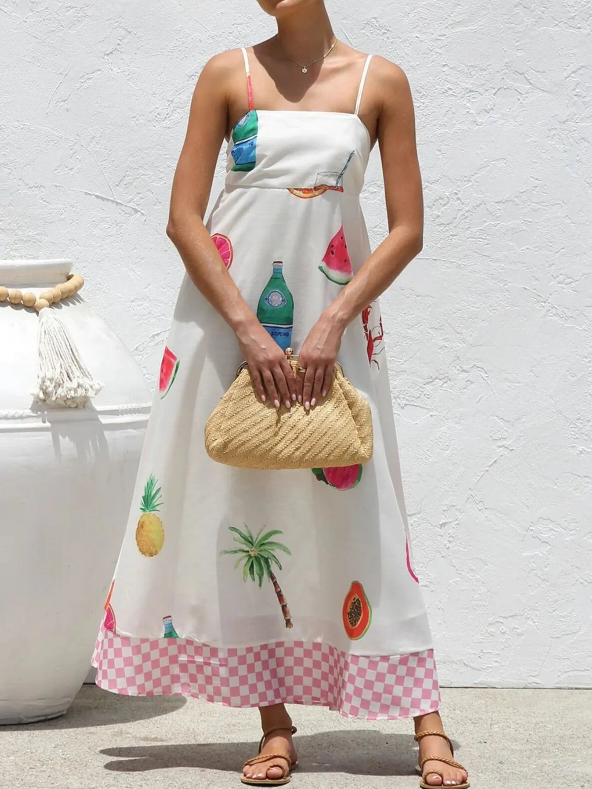 Printed Square Neck Maxi Cami Dress in White