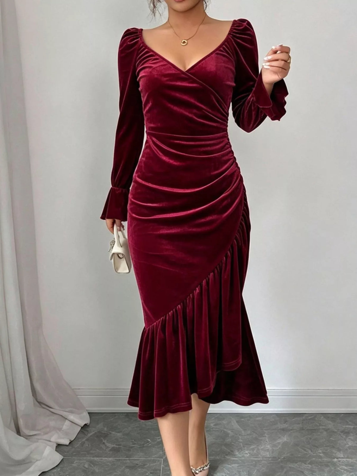 Velvet Ruched Ruffle Hem Midi Dress in Burgundy
