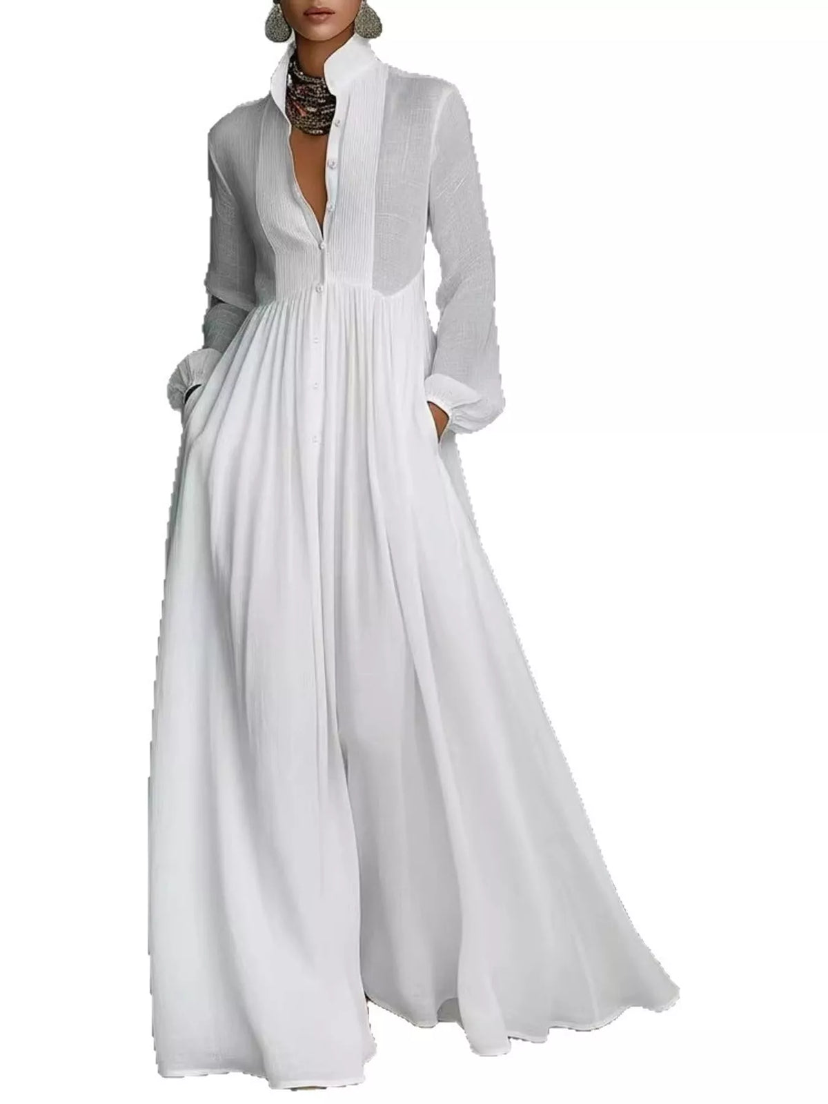 Long-Sleeve Button Front Maxi Dress