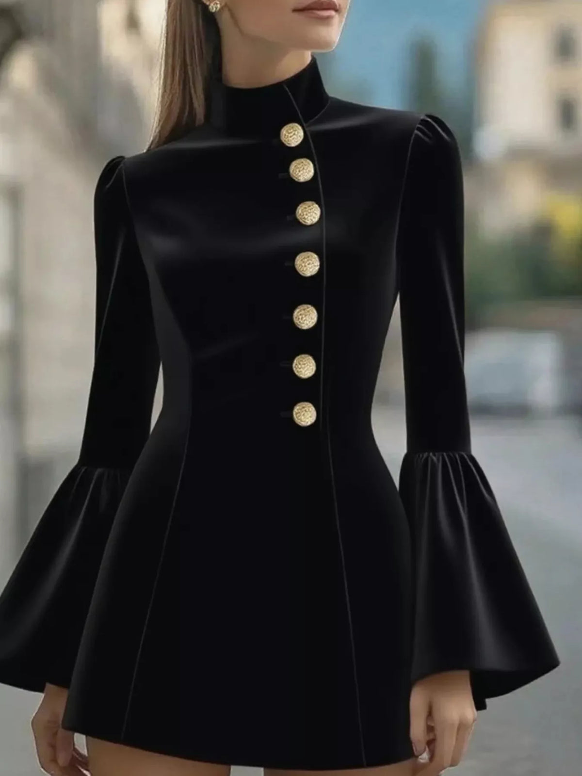 Bell Sleeve Mini Dress with Front Buttons