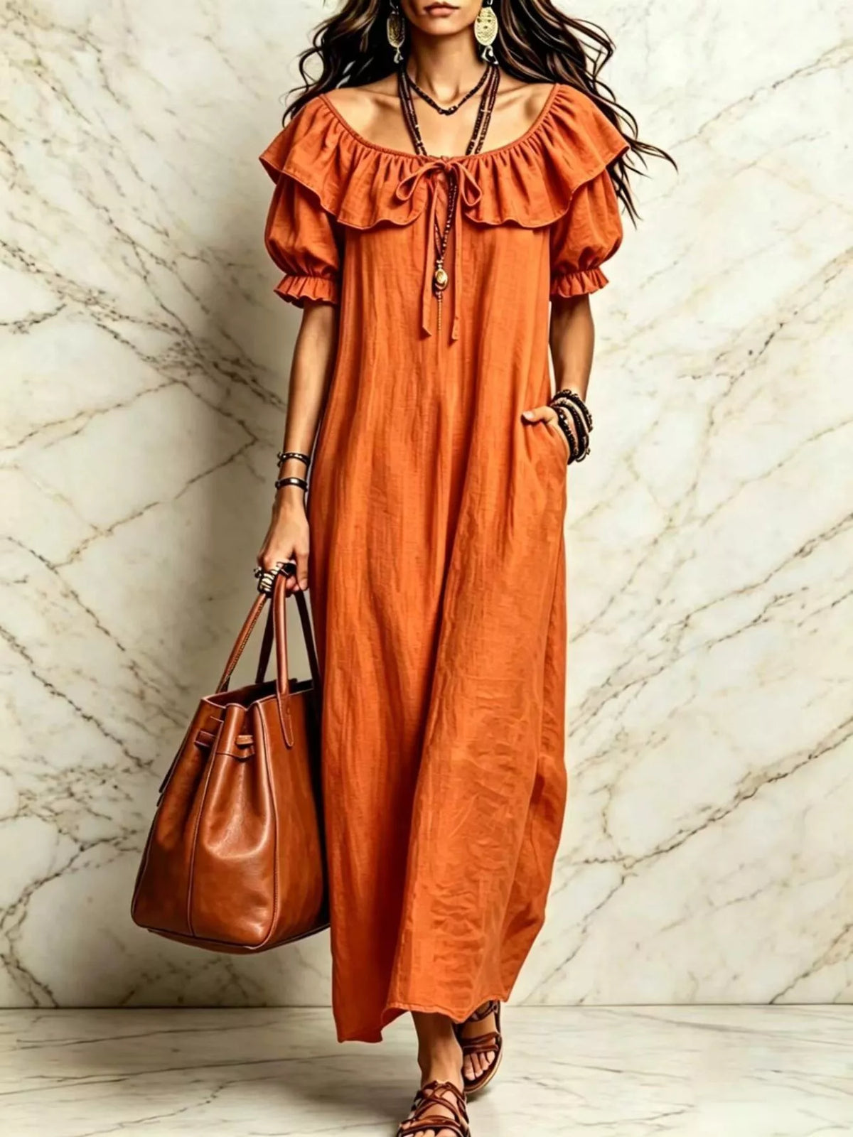 Puff Sleeve Ruffle Trim Maxi Dress