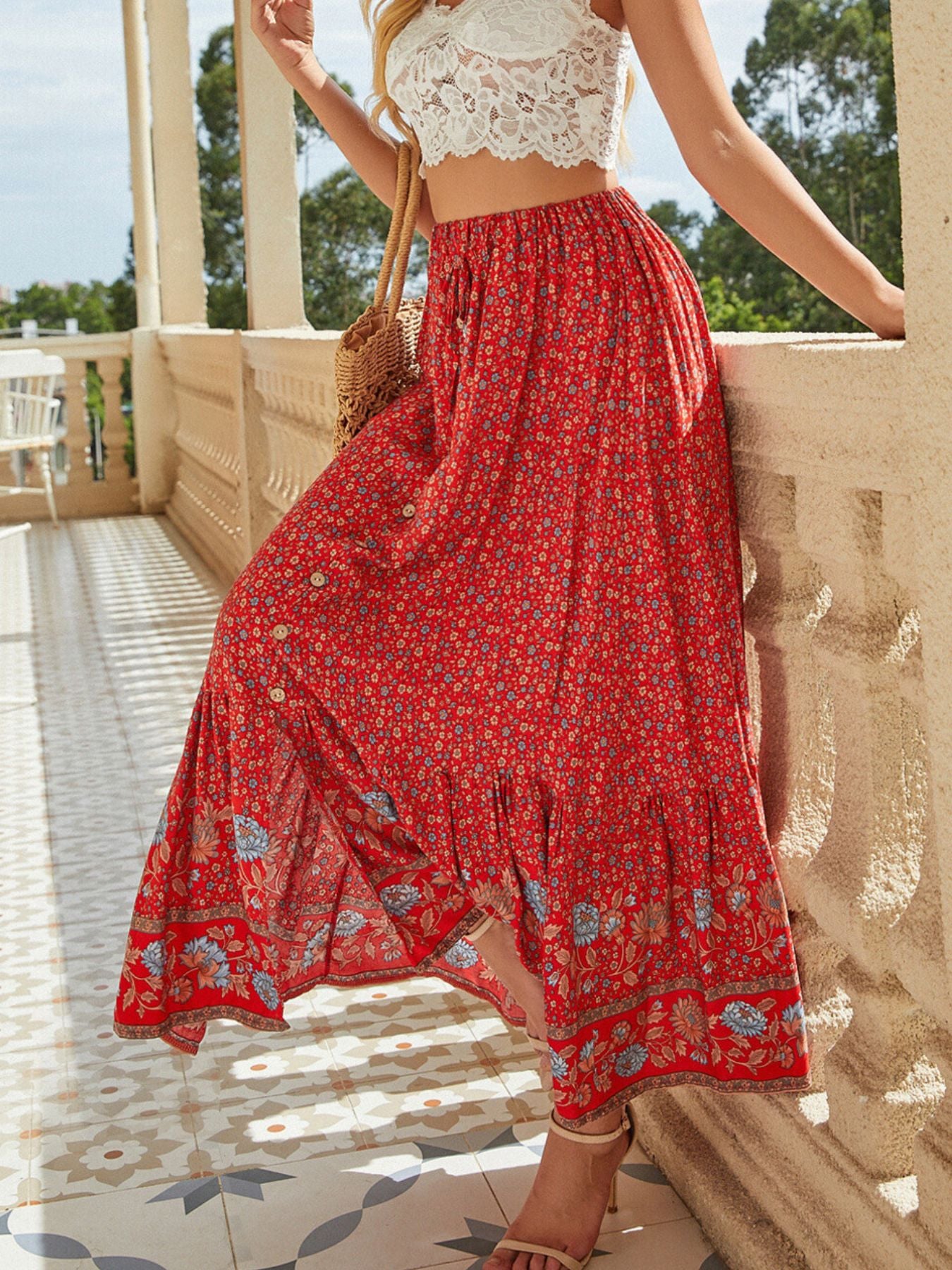 Floral Buttoned Slit Skirt