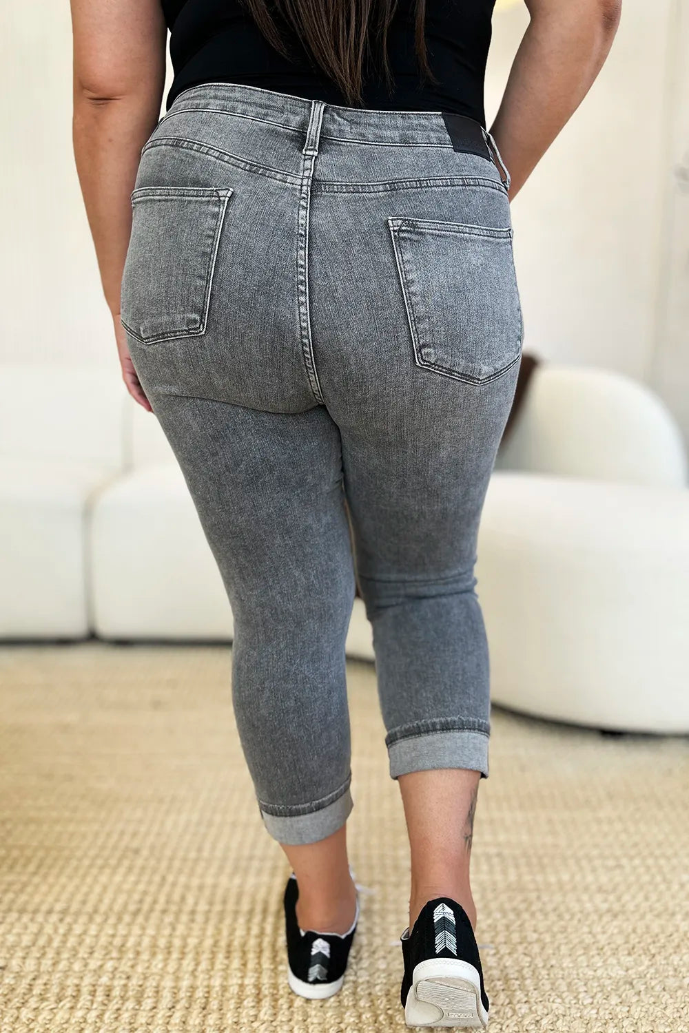 Judy Blue Button Fly High Waist Cuffed Capris in Gray