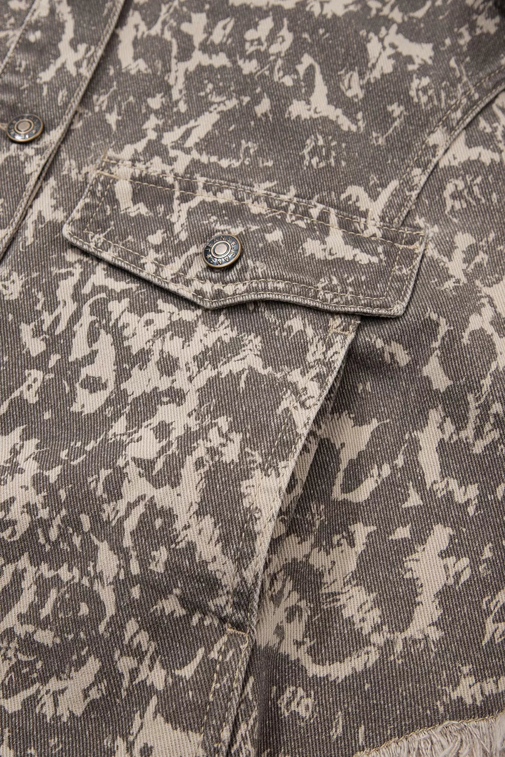 Abstract Print Raw Hem Denim Jacket in Mocha
