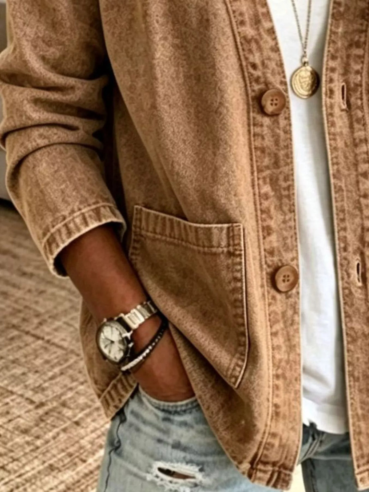 V-Neck Button-Down Denim Jacket by Invera