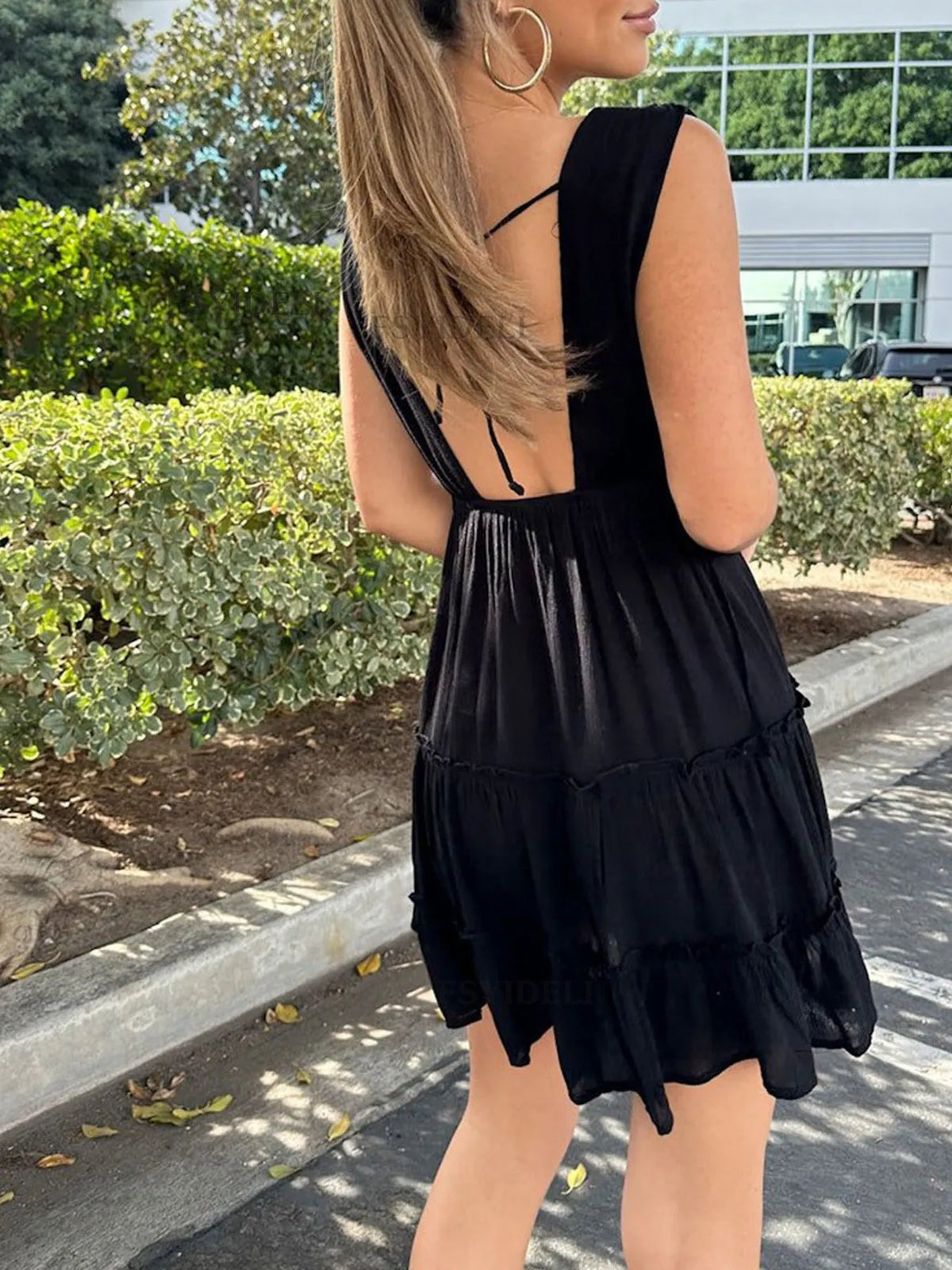 Ruched Lace-Up Tiered Mini Dress
