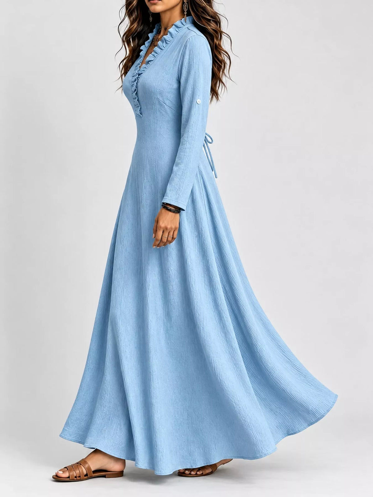 Frill Roll-Up Sleeve Maxi Dress
