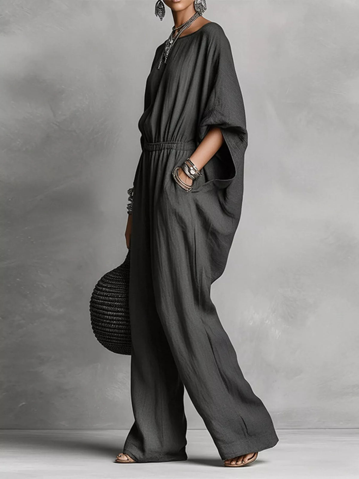 Boat Neck Batwing Sleeve Wide-Leg Jumpsuit