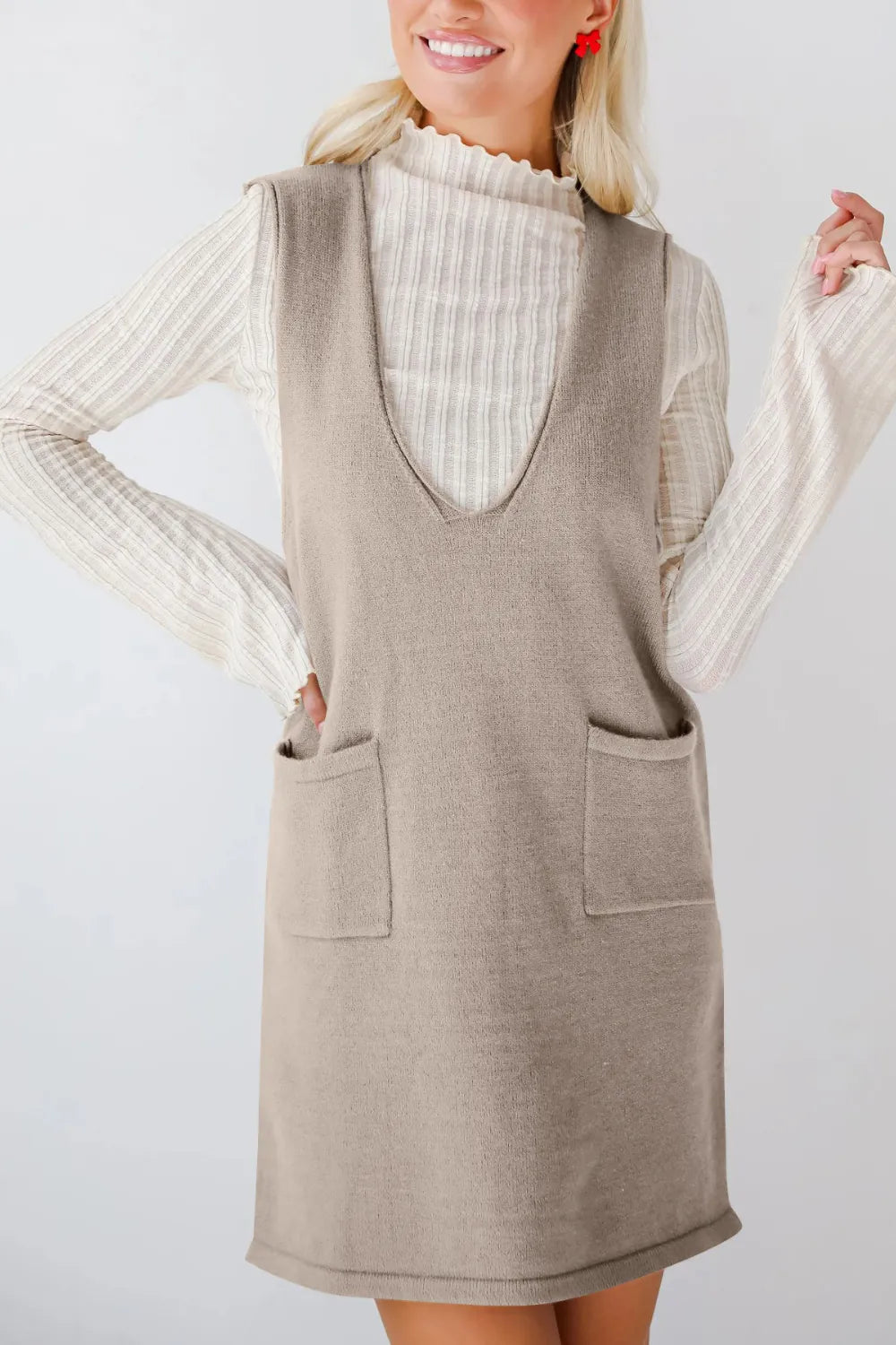 Pocketed V-Neck Mini Sweater Overall Dress