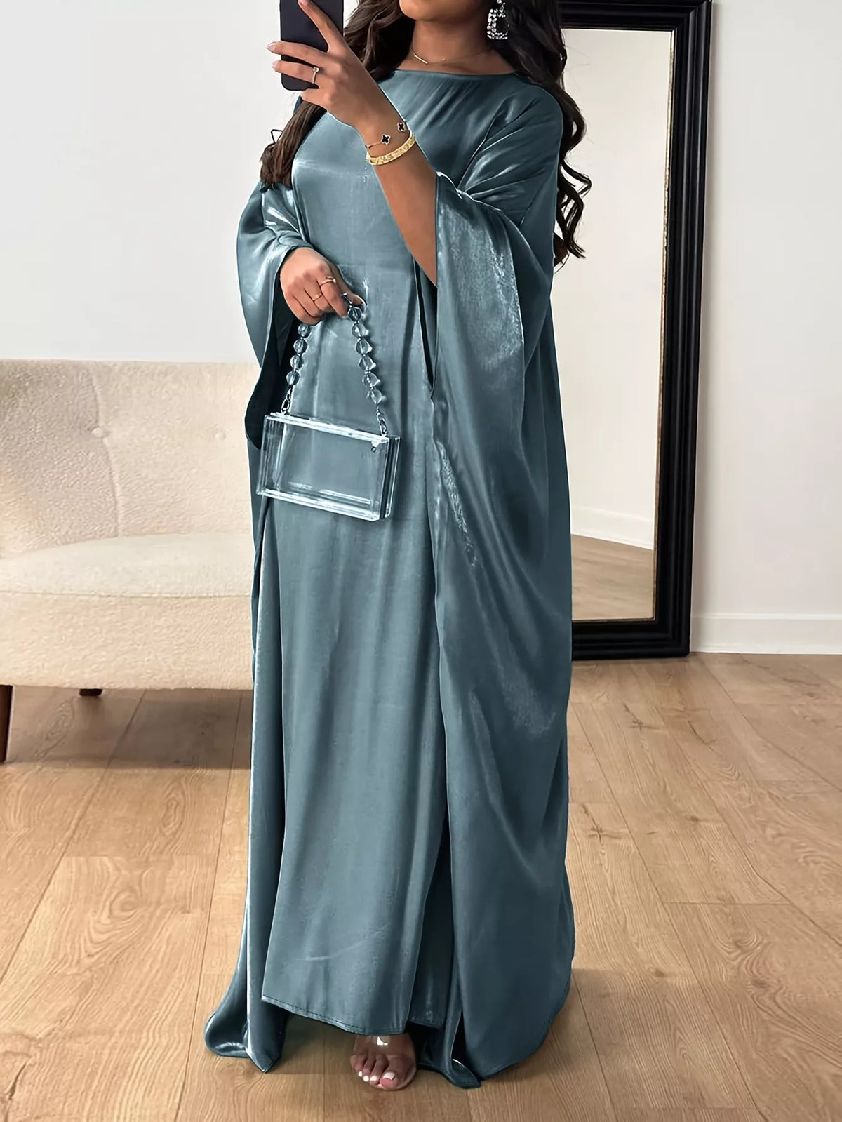 Round Neck Kimono Sleeve Maxi Dress in Deep Teal