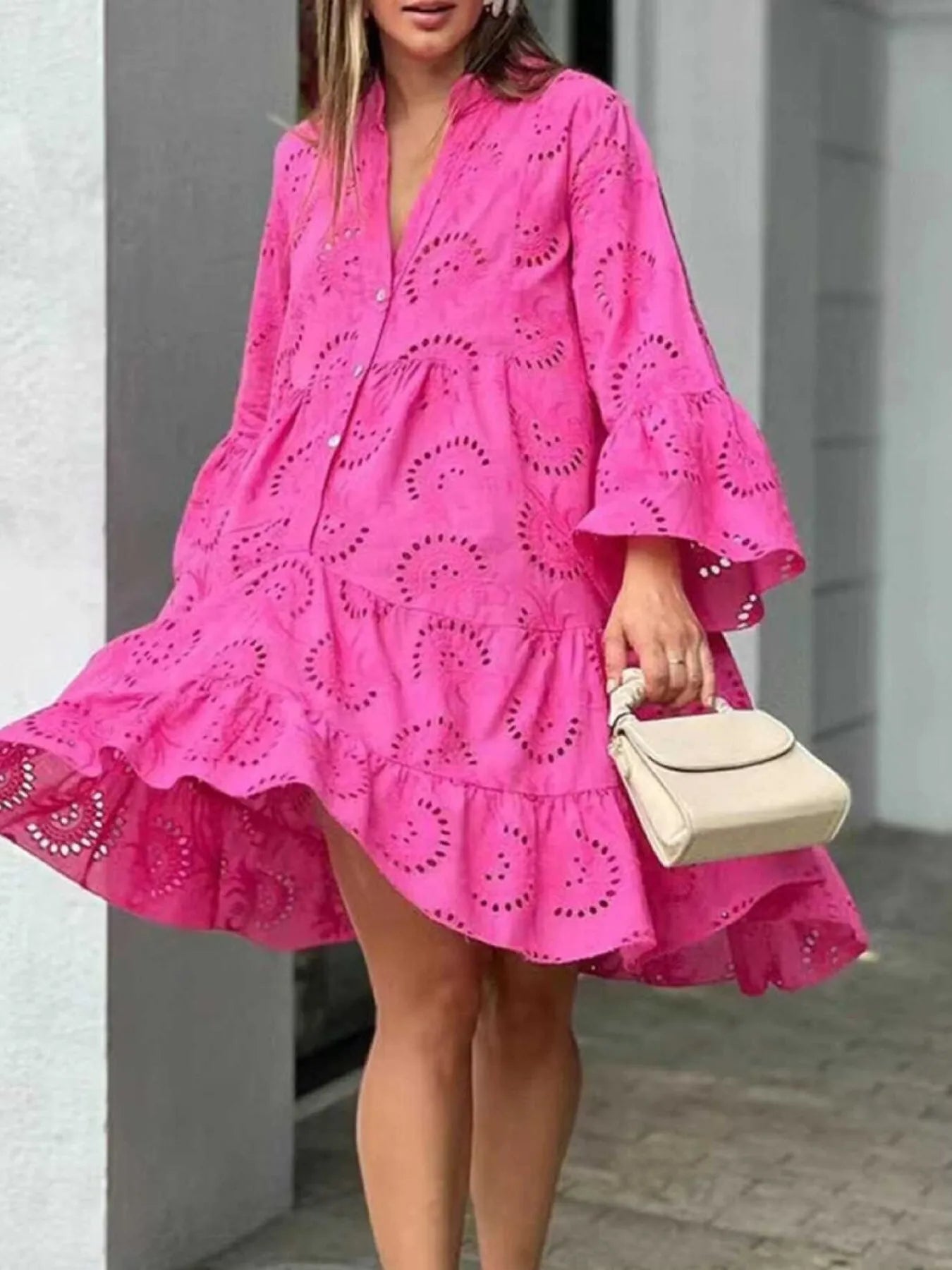Eyelet V-Neck Tiered Ruffle Dress