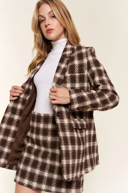 And The Why Brushed Plaid One-Button Blazer in Brown