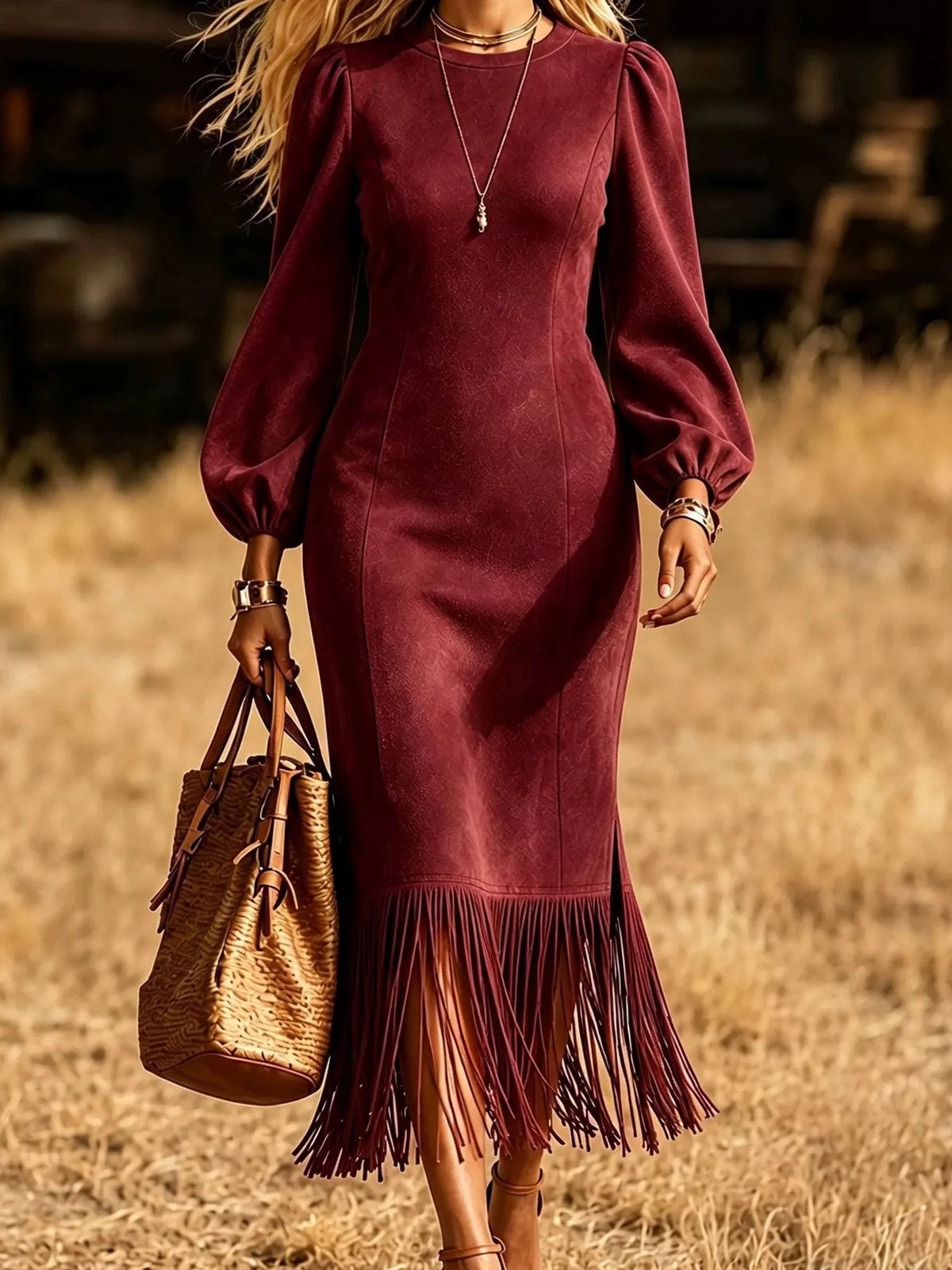 Fringe Hem Balloon Sleeve Midi Dress