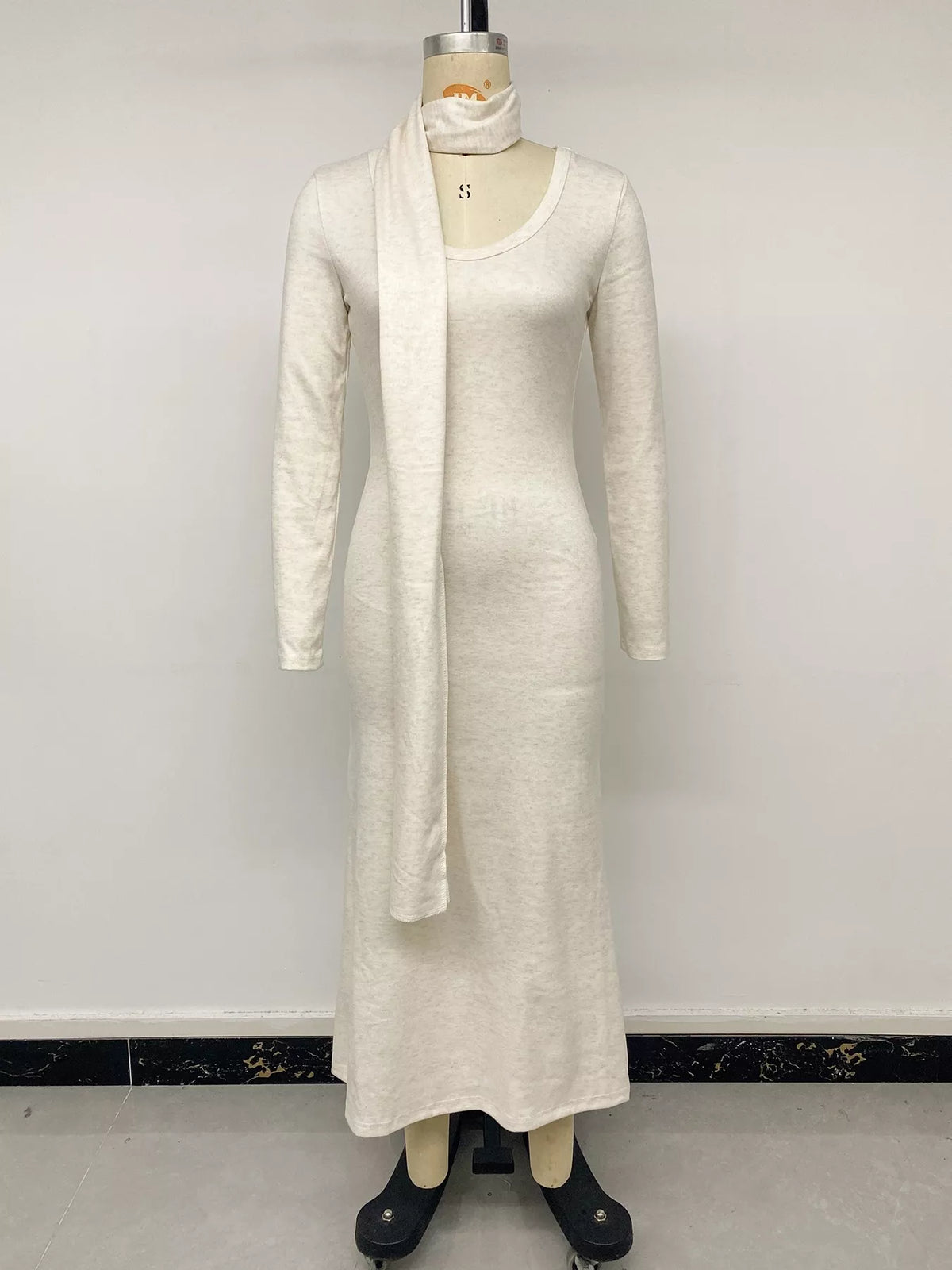 Round Neck Knit Maxi Dress with Scarf in Apricot