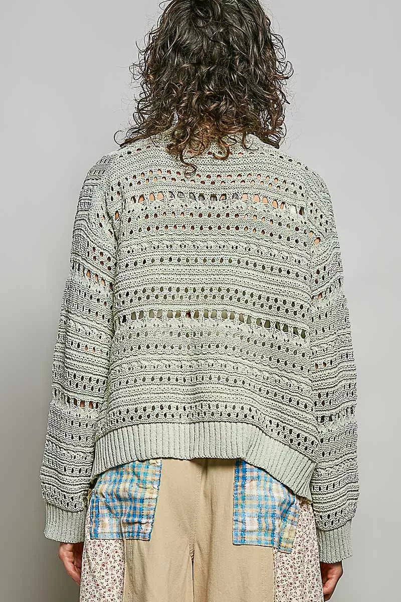Lime Open-Knit Floral Button Cardigan by POL