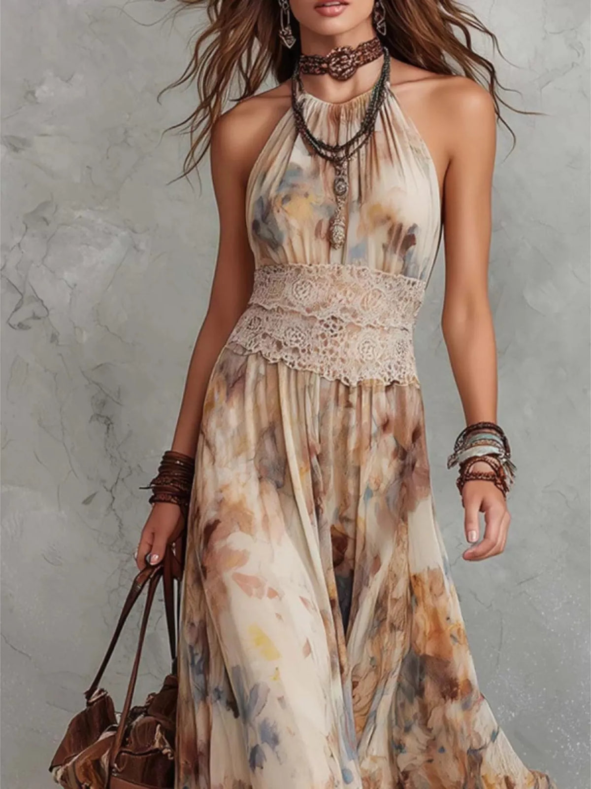 Floral Halter Maxi Dress in Apricot