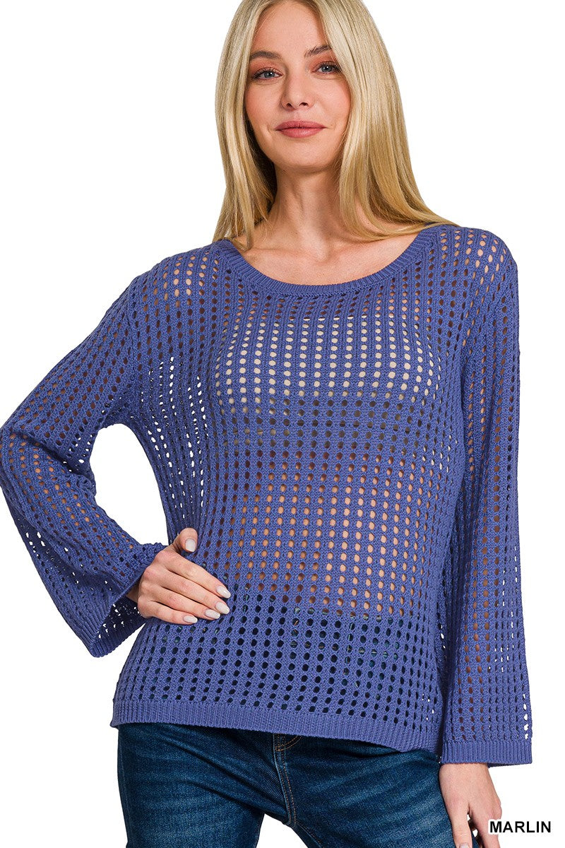 Zenana Hollow Out Long Sleeve Sweater in Marlin