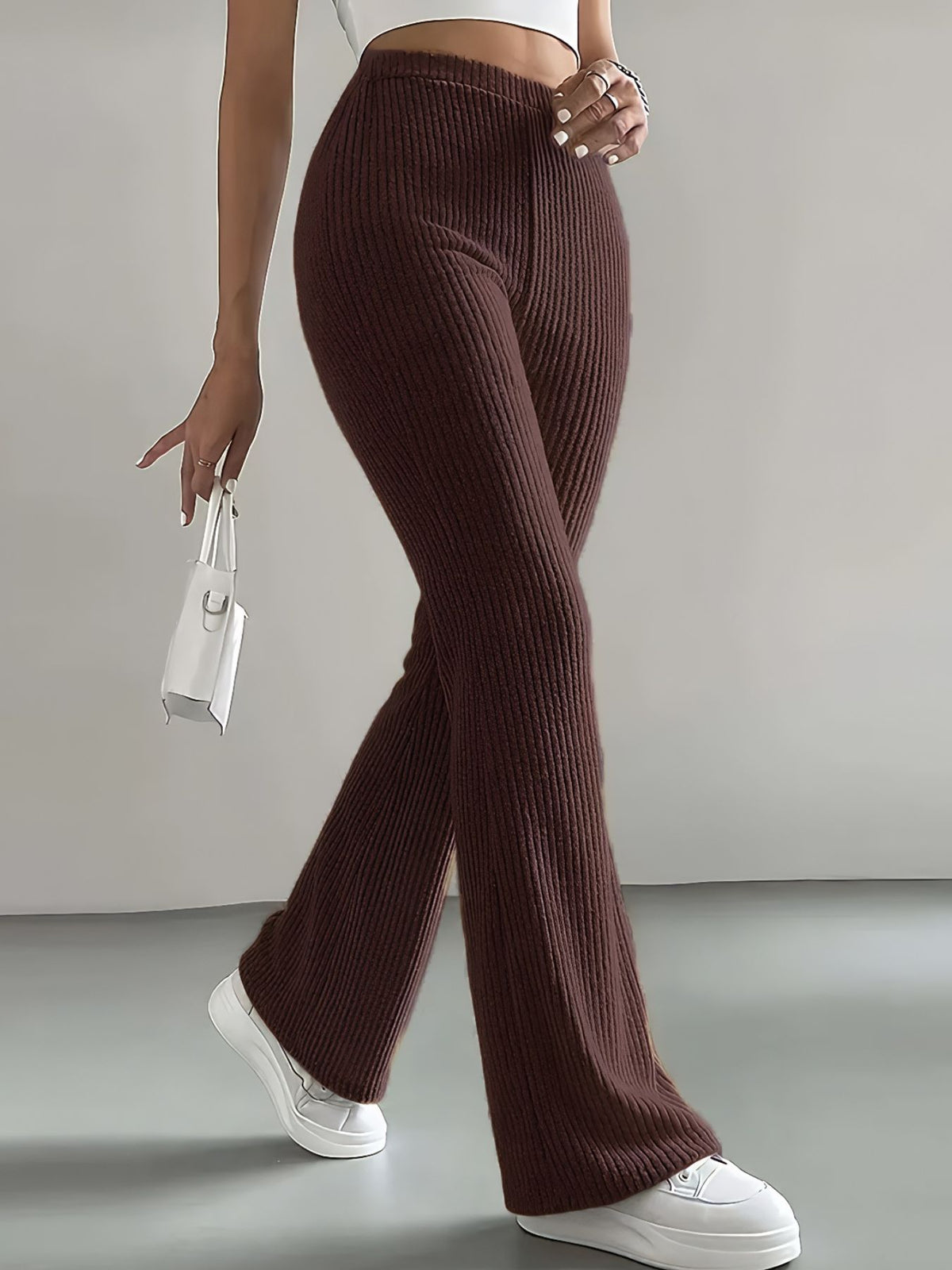 Ribbed Knit High-Waisted Flare Pants