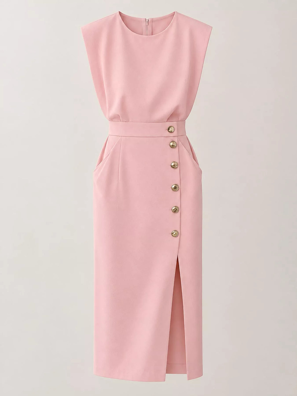 Sleeveless Midi Dress with Gold Button Detail