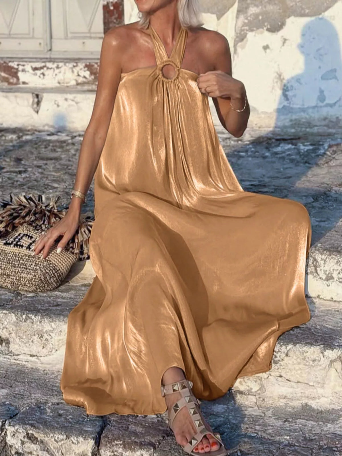 Halter Neck O-Ring Maxi Dress in Khaki