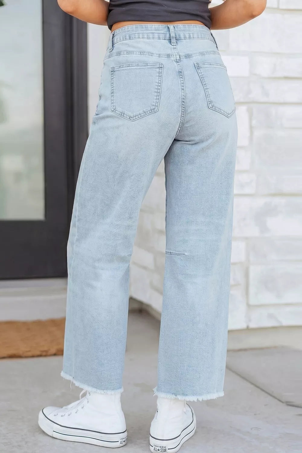 Sequin Patch Pocket Ankle Jeans in Light Blue