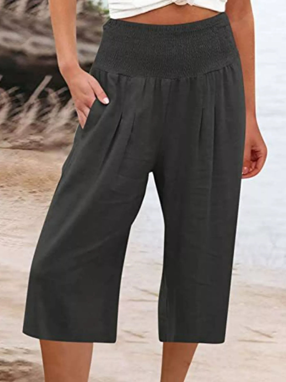 Smocked Wide-Leg Capri Pants
