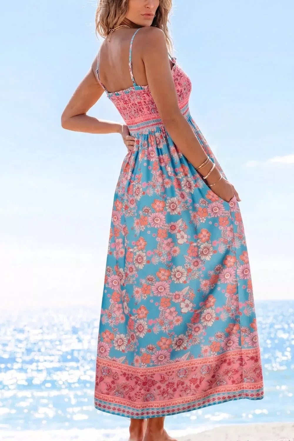 Smocked Spaghetti Strap Maxi Dress in Floral