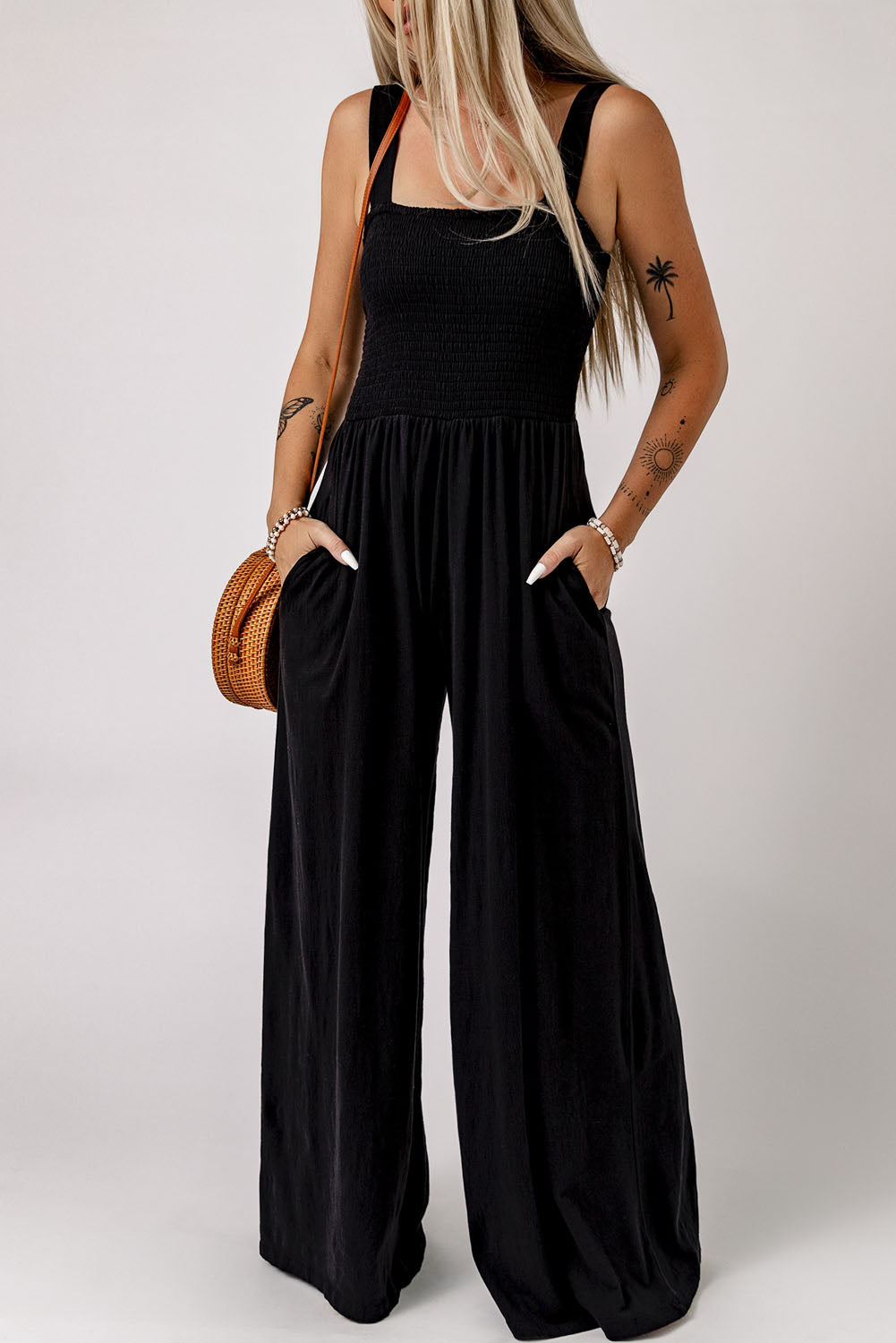 Smocked Square Neck Wide Leg Jumpsuit