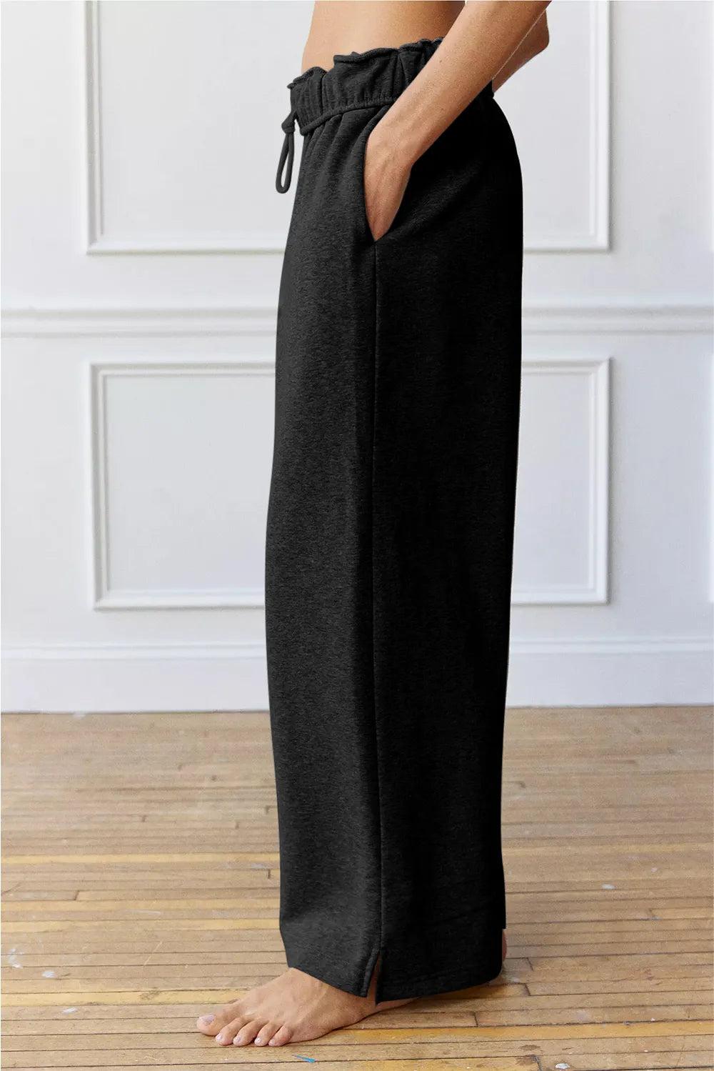 Drawstring Wide Leg Active Pants in Black