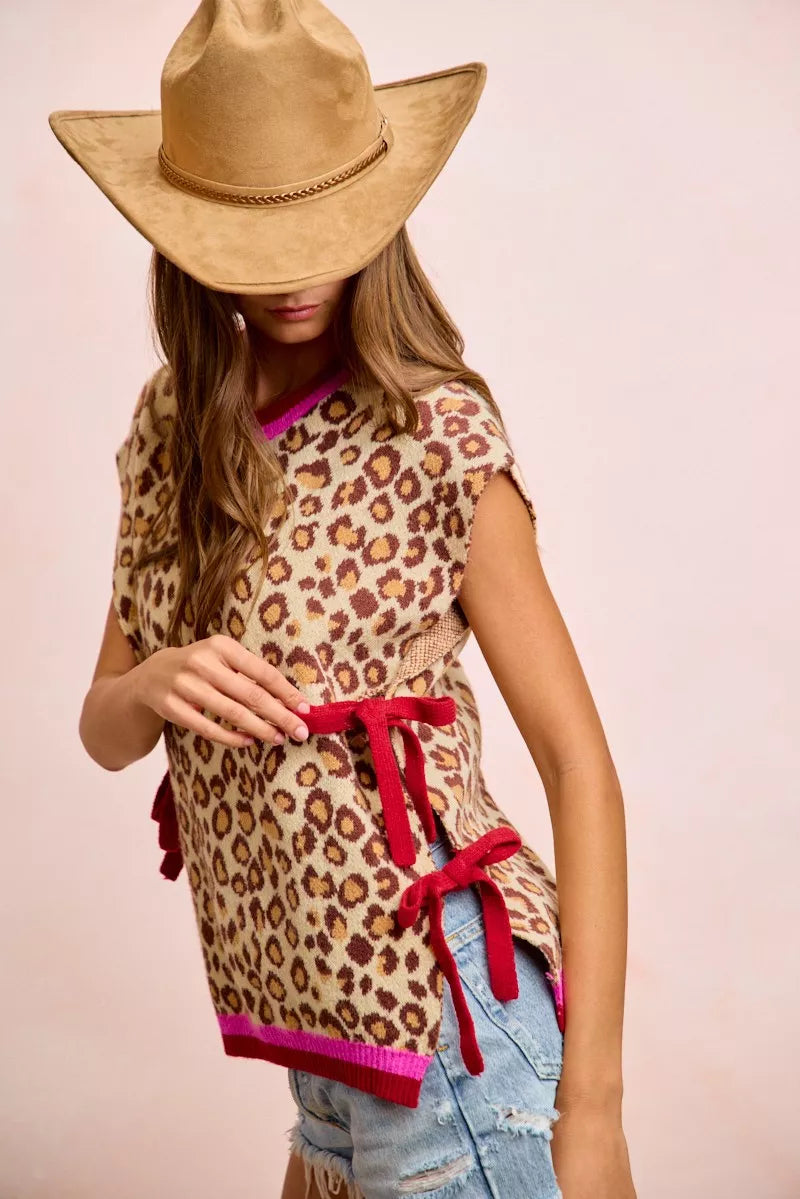Leopard Side-Tie Sweater Vest by BiBi