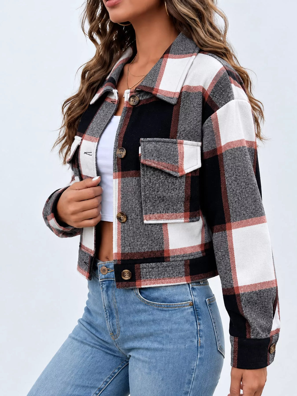 Plaid Button-Up Cropped Jacket