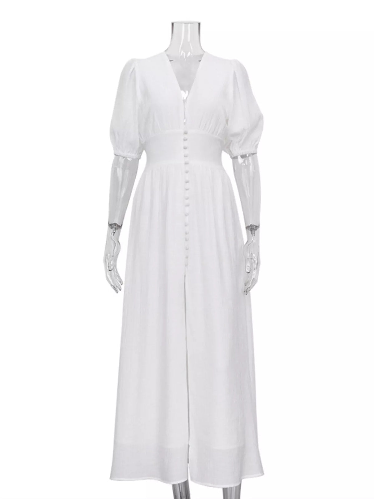 Buttoned Puff Sleeve Maxi Dress in White