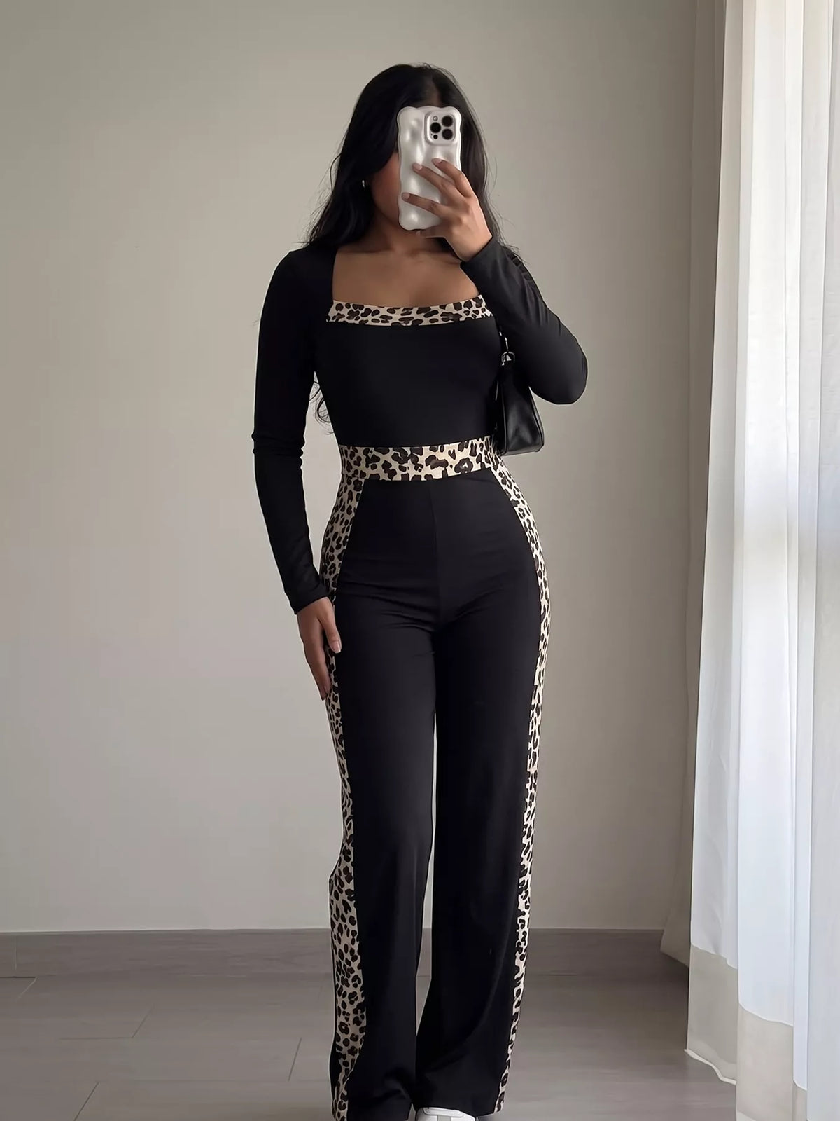Leopard Trim Long Sleeve Jumpsuit in Black