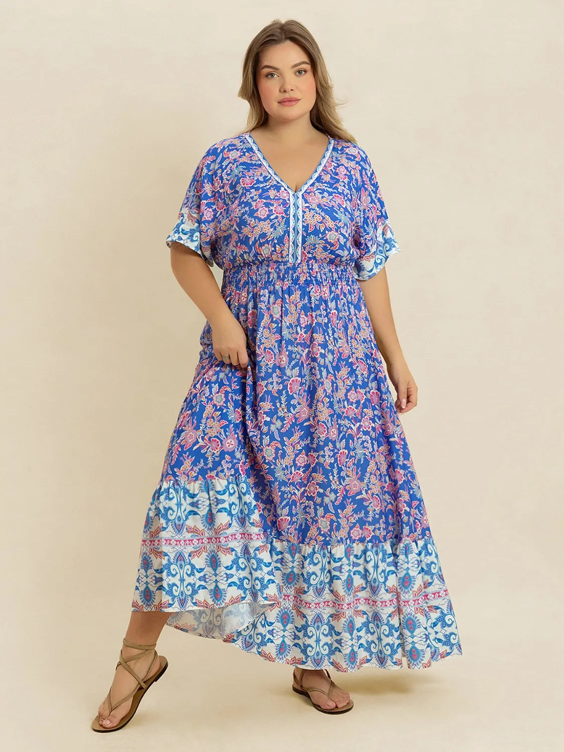 Smocked Printed Midi Dress in Blue Purple
