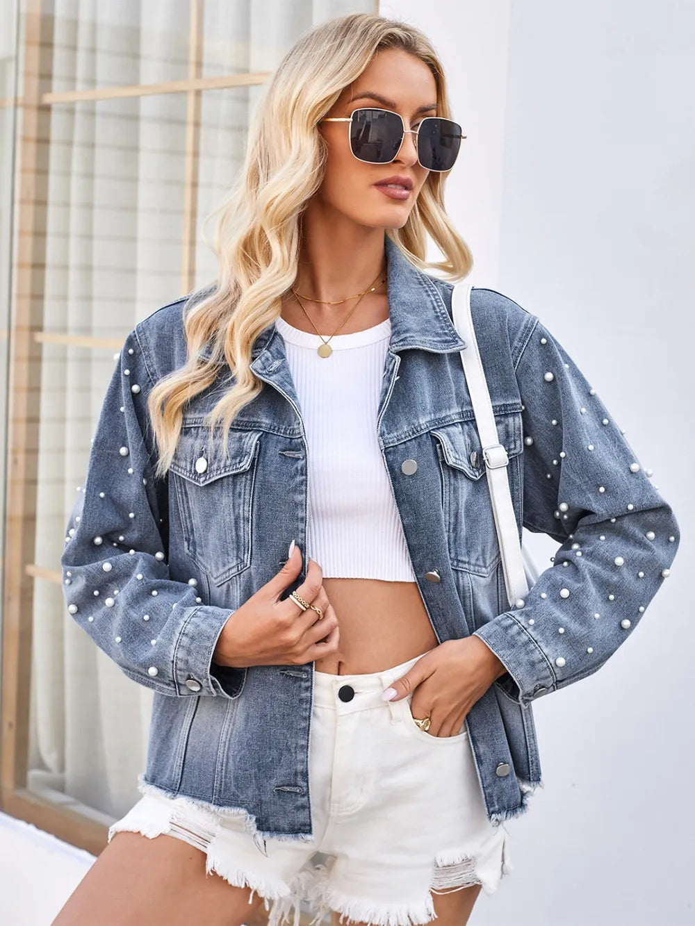 Pearl-Trim Raw-Hem Denim Jacket by Manny
