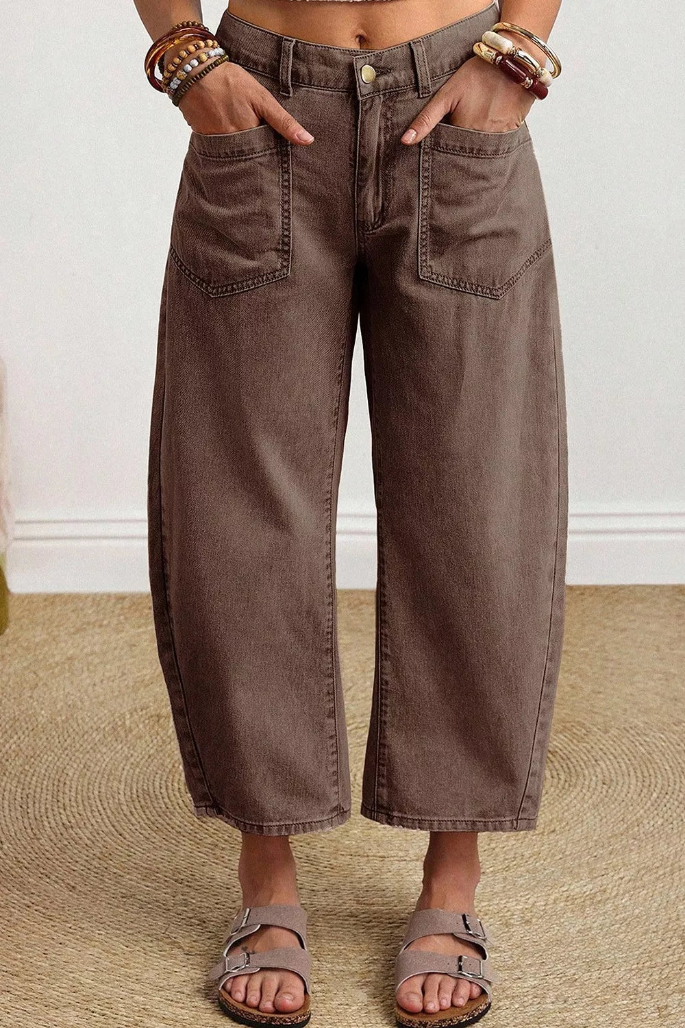Square Patch Pocket Barrel Jeans in Coffee Brown