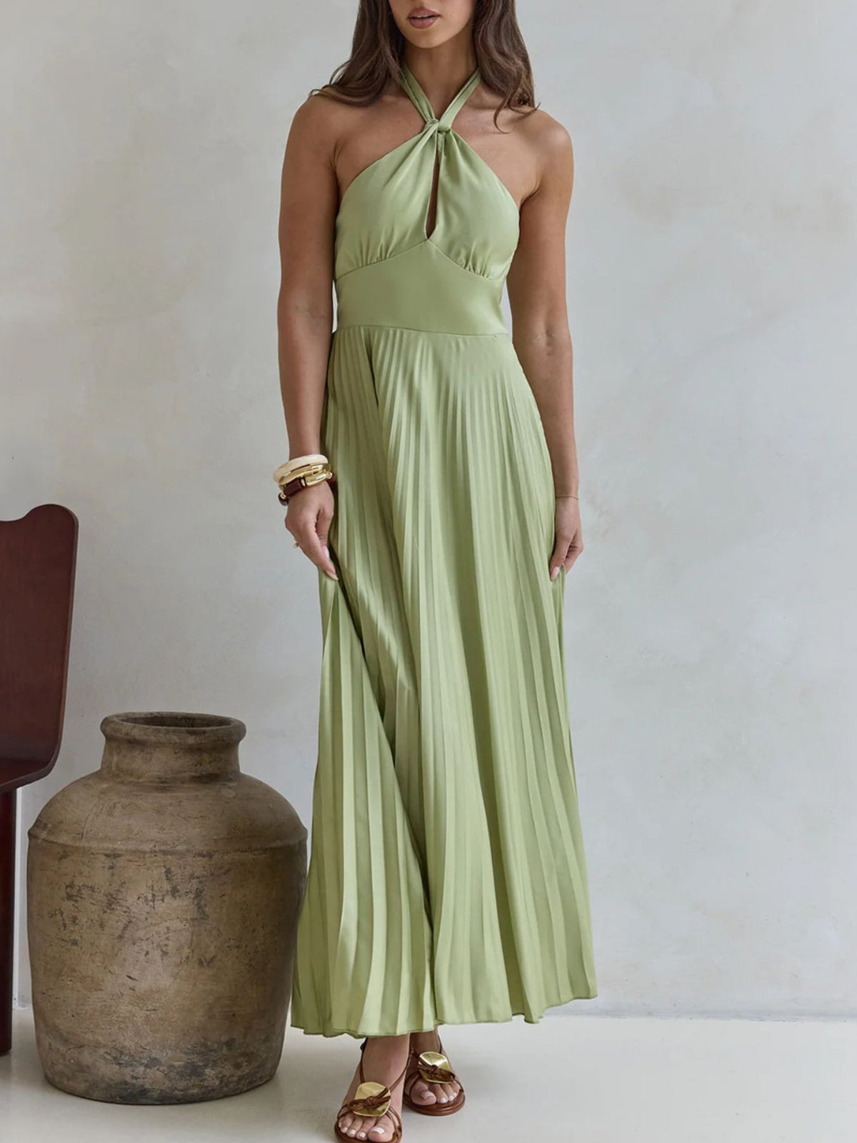 Halter Neck Pleated A-Line Dress