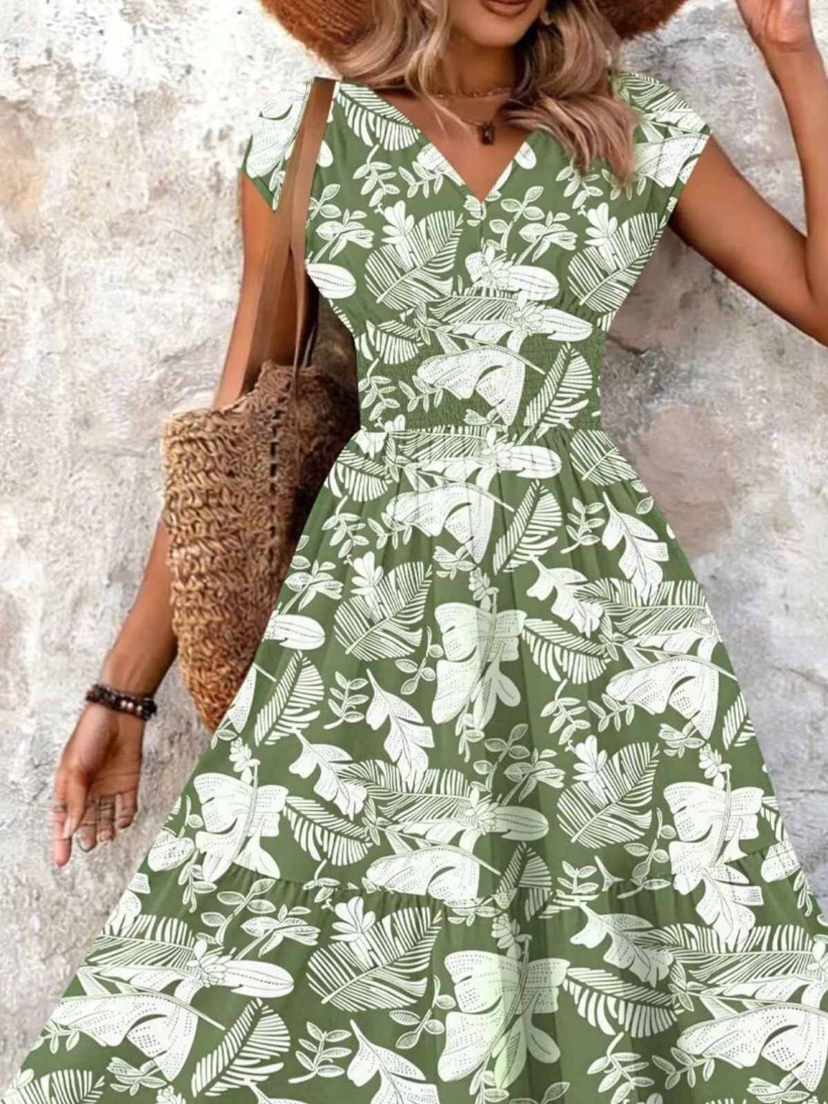 Smocked V-Neck Tiered Maxi Dress