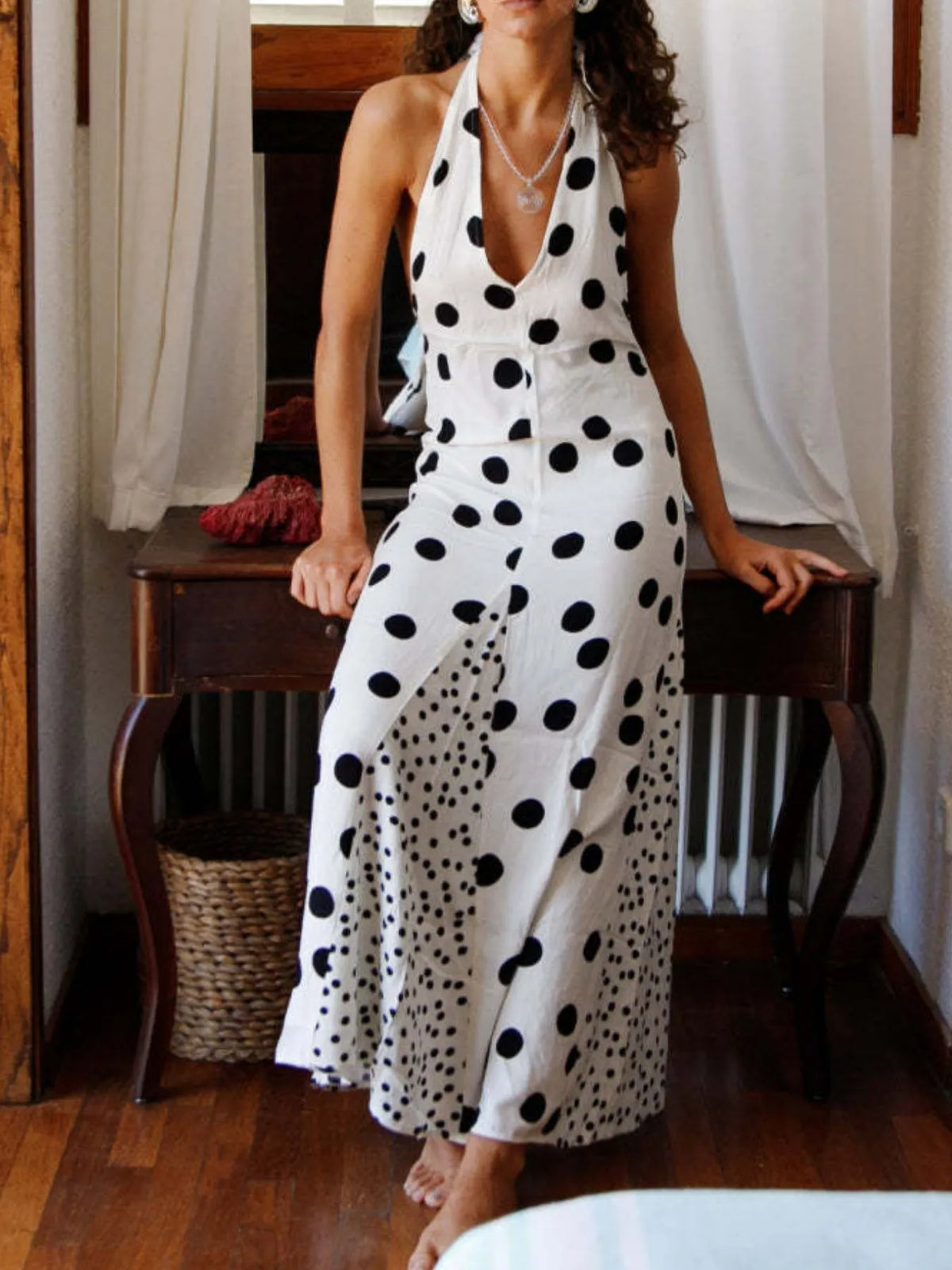 Backless Halter Polka Dot Maxi Dress in Deep Red by Mystique Q