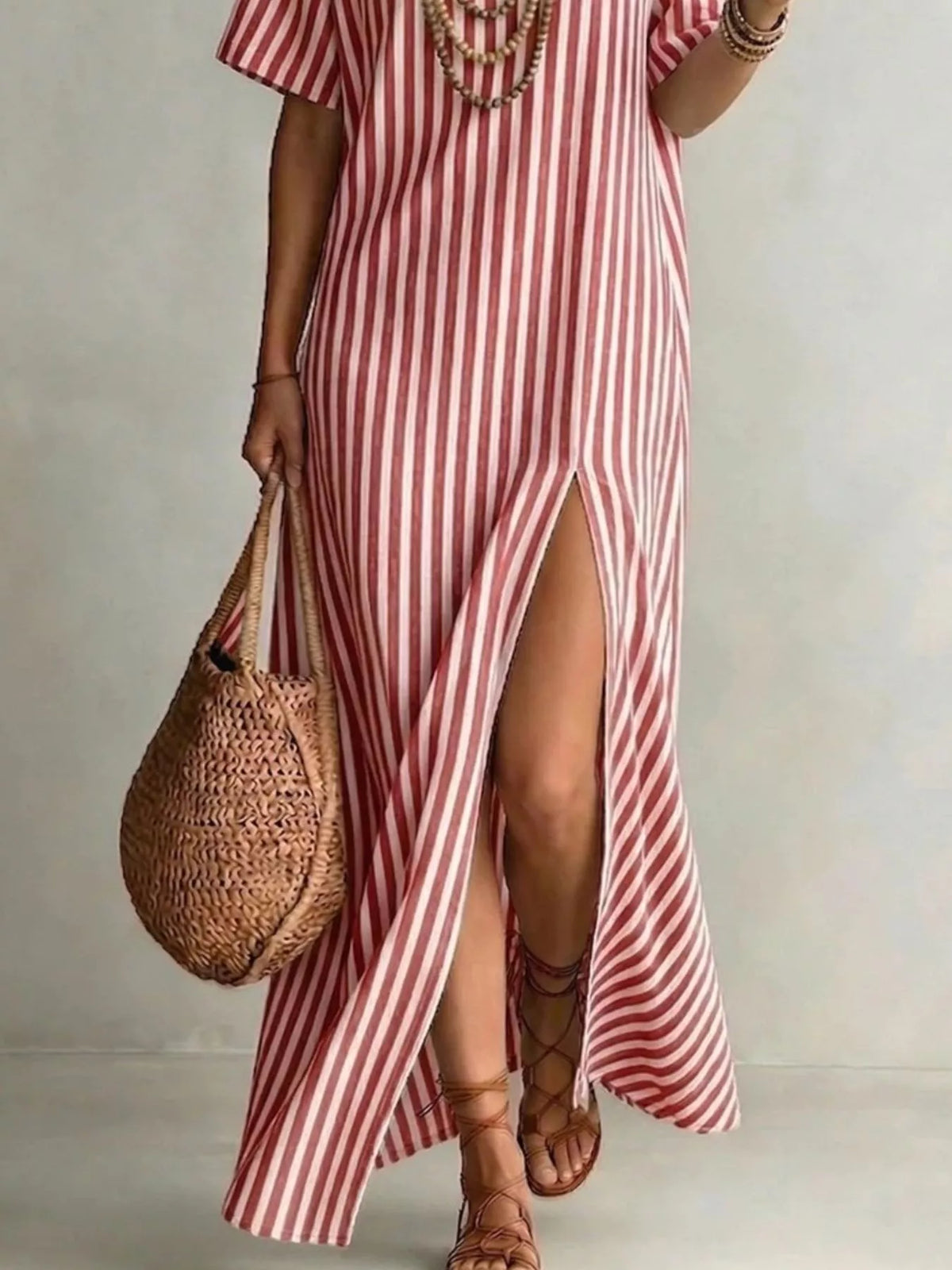 Striped Maxi Dress with Side Slit, Plus Size