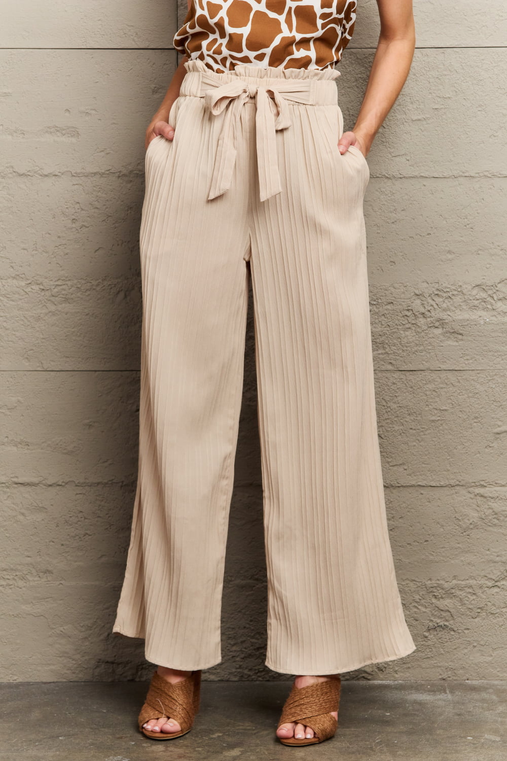 Tie-Waist Long Pants in Apricot